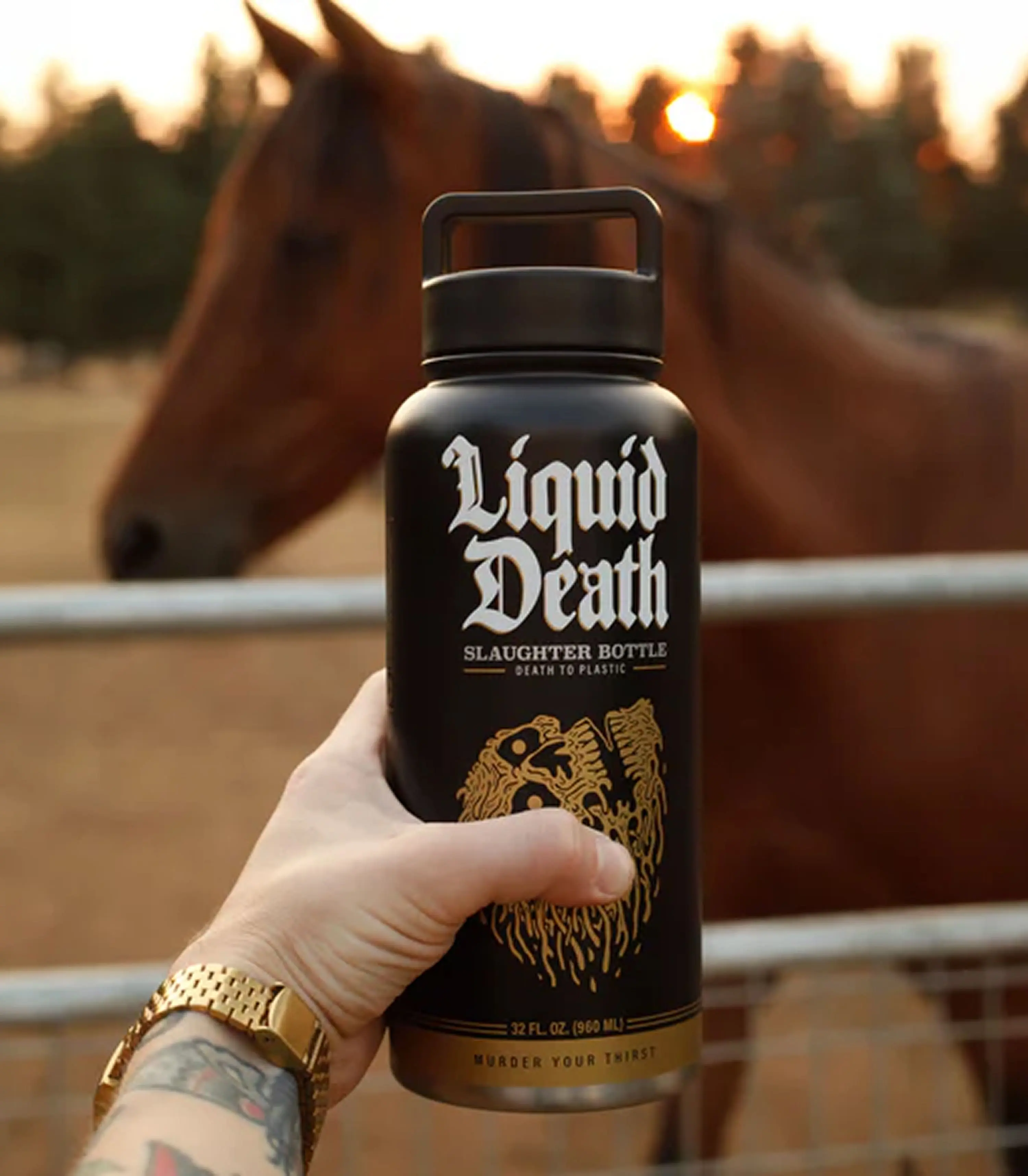 A packaging of mountain water brand liquid death.