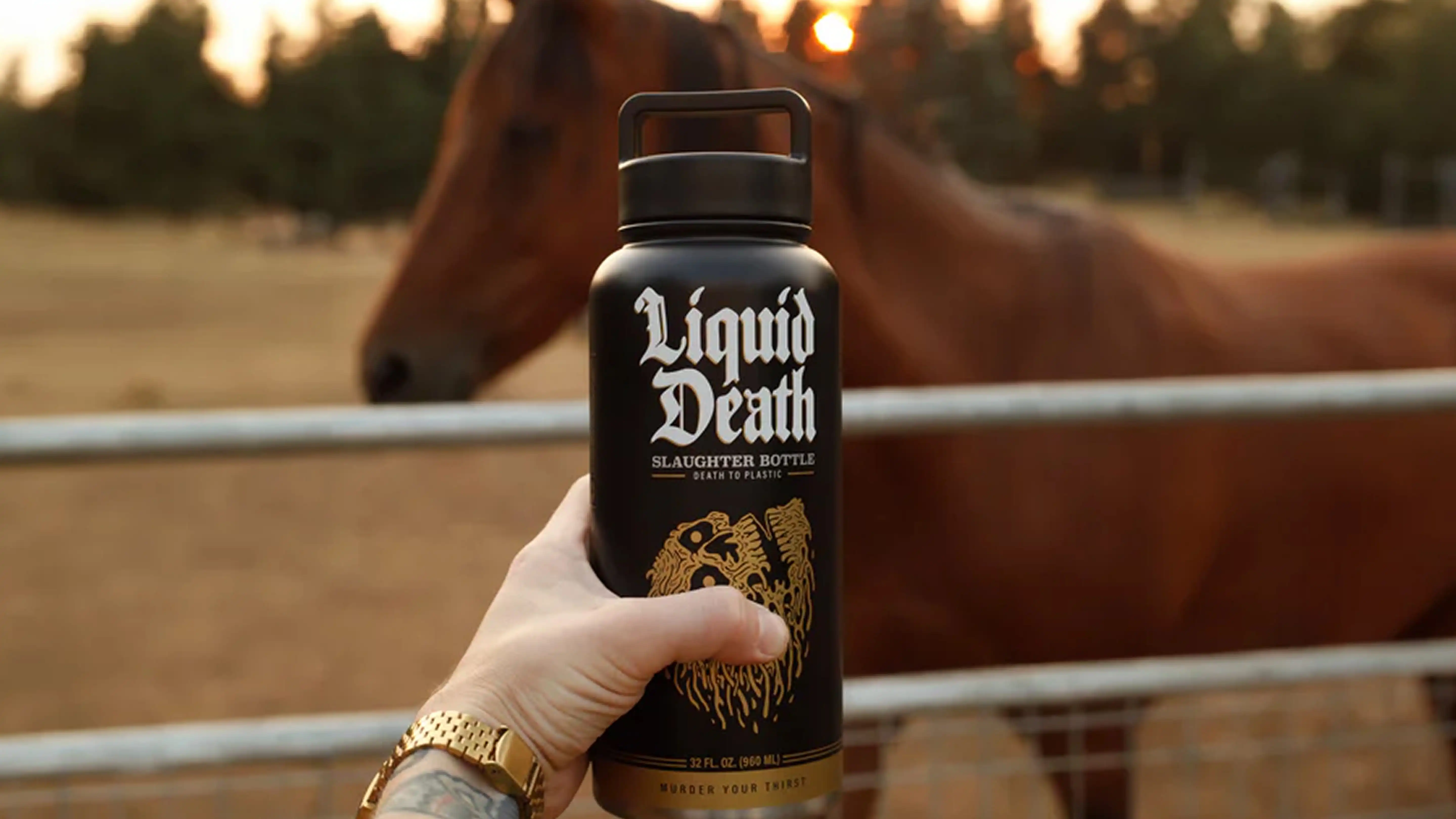 A packaging of mountain water brand liquid death.