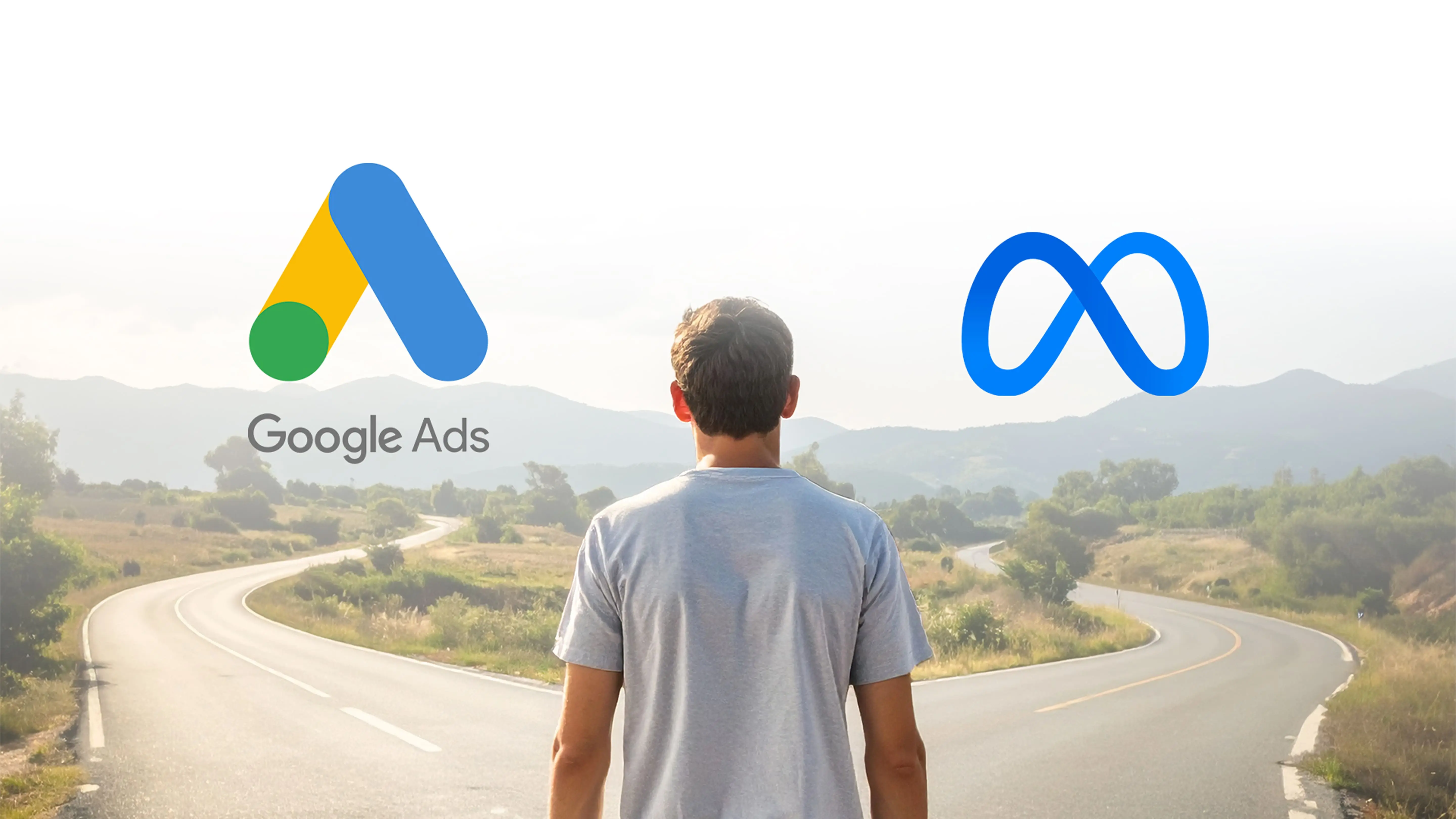 A person standing on two fork road to choose google ads or meta ads.