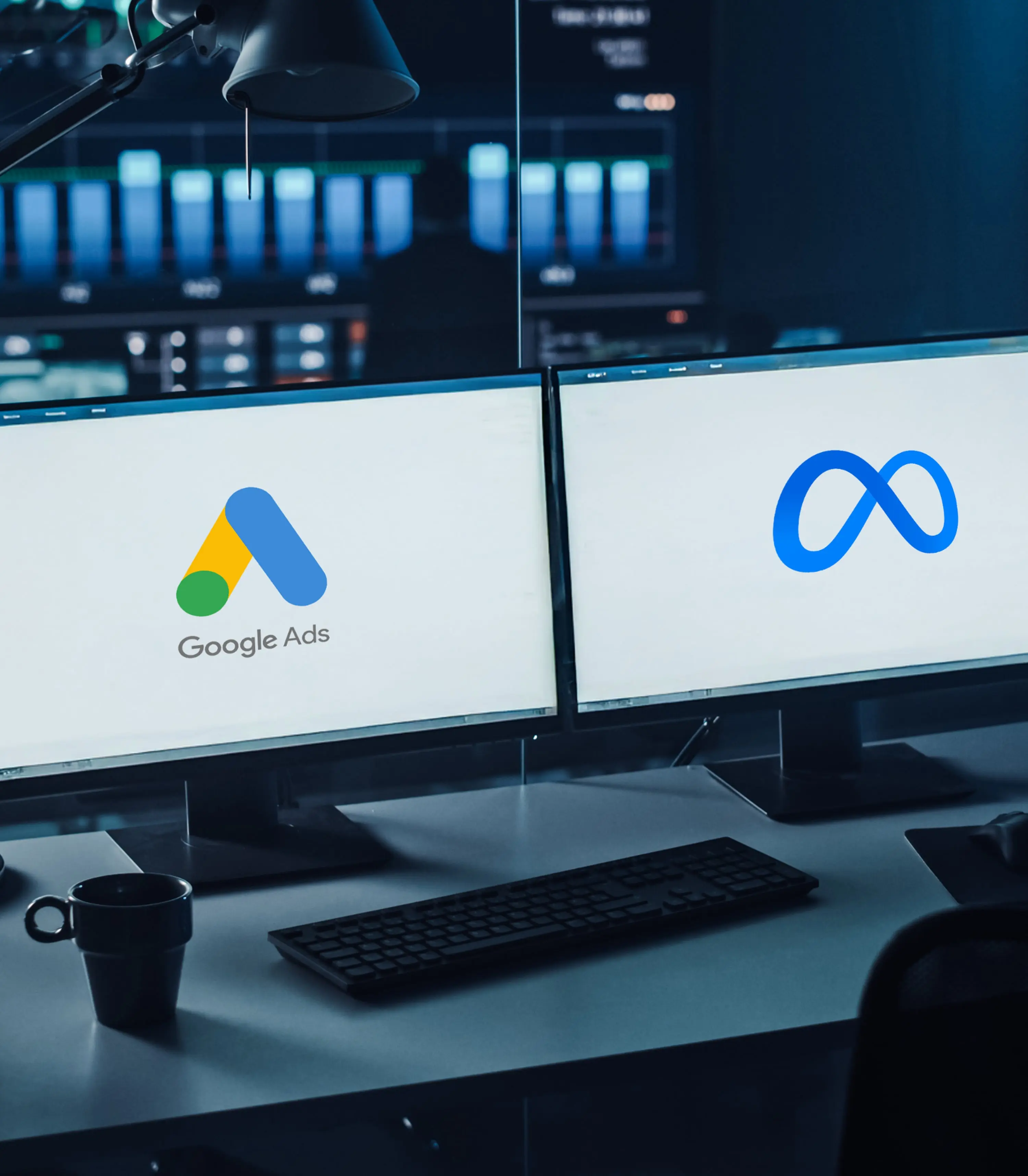 Two computers showing google ads on one screen and meta ads on the others.