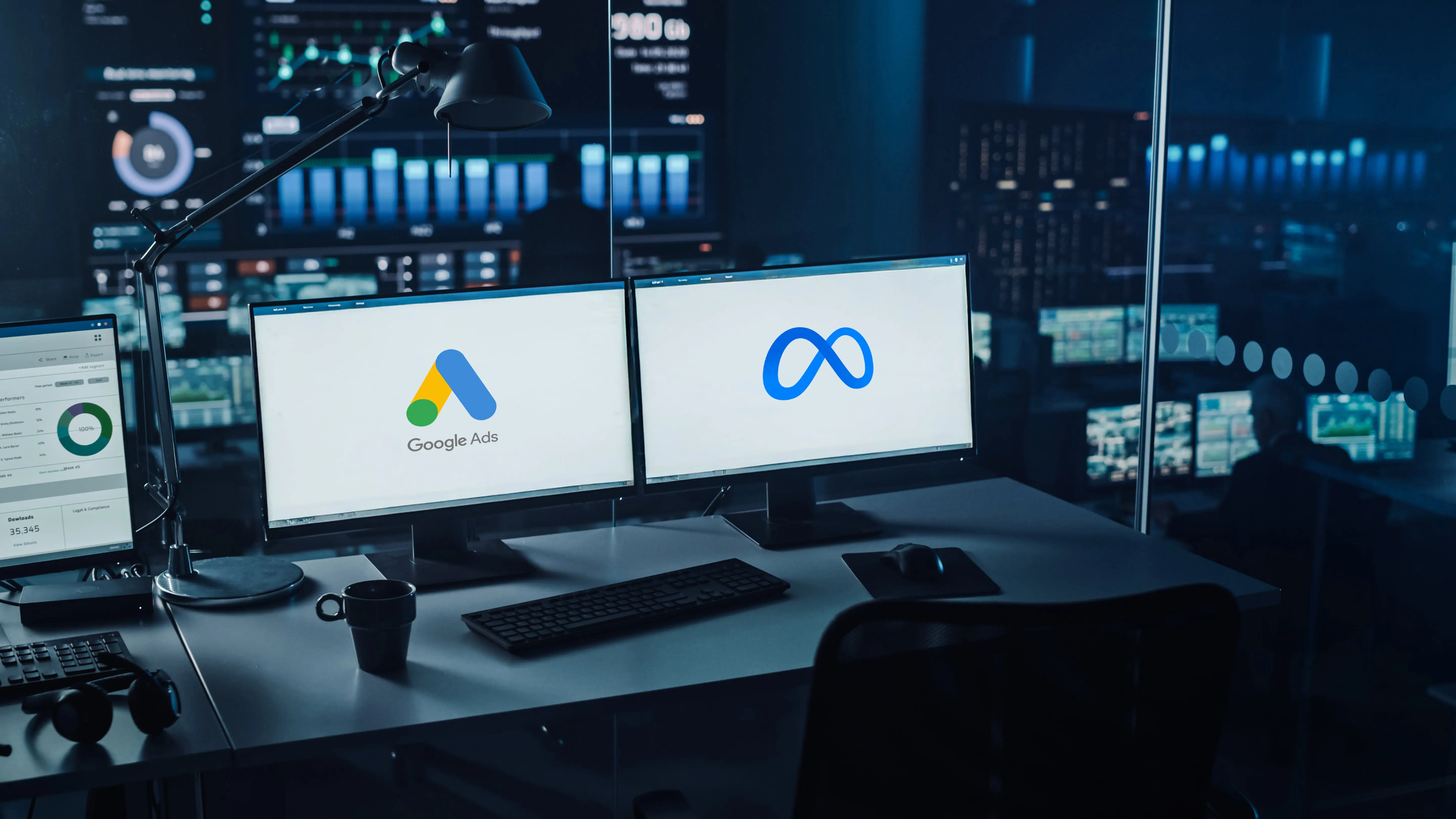 Two computers showing google ads on one screen and meta ads on the others.