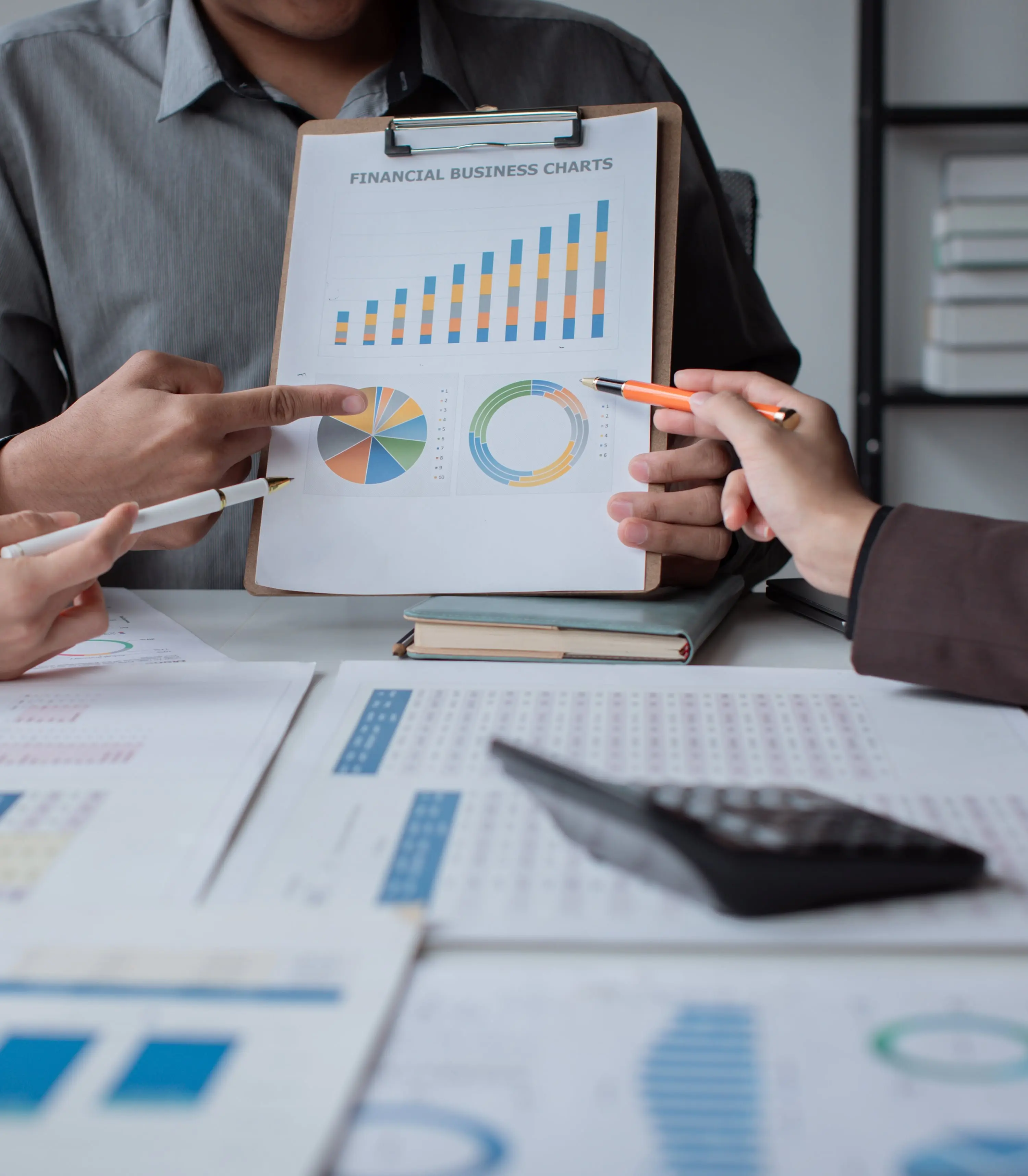 Group of asian business people working together in creative office analyze market data balance sheet account net profit.