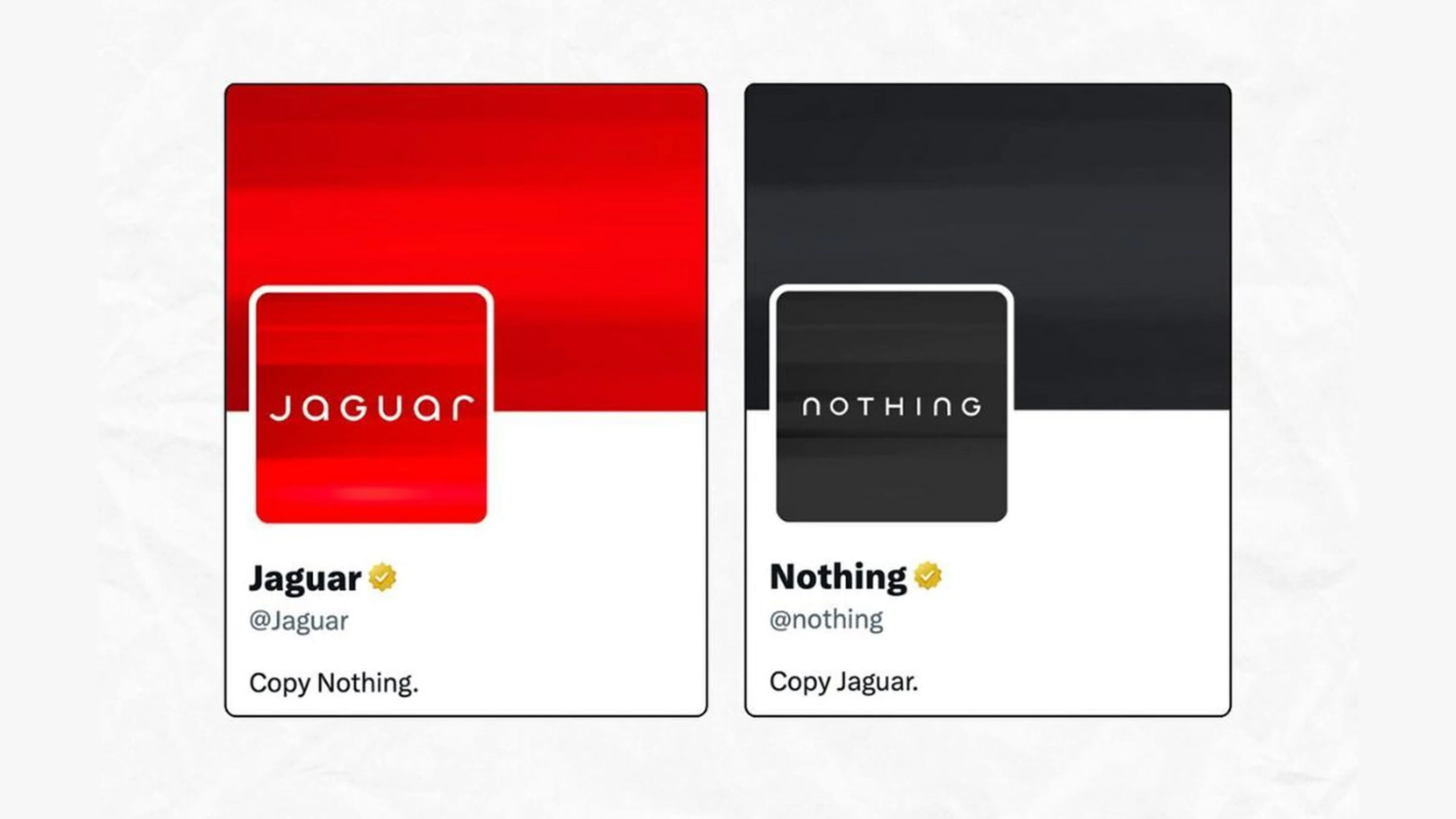 Nothing new logo mocks jaguar rebrand “copy nothing” with tagline “copy jaguar”.