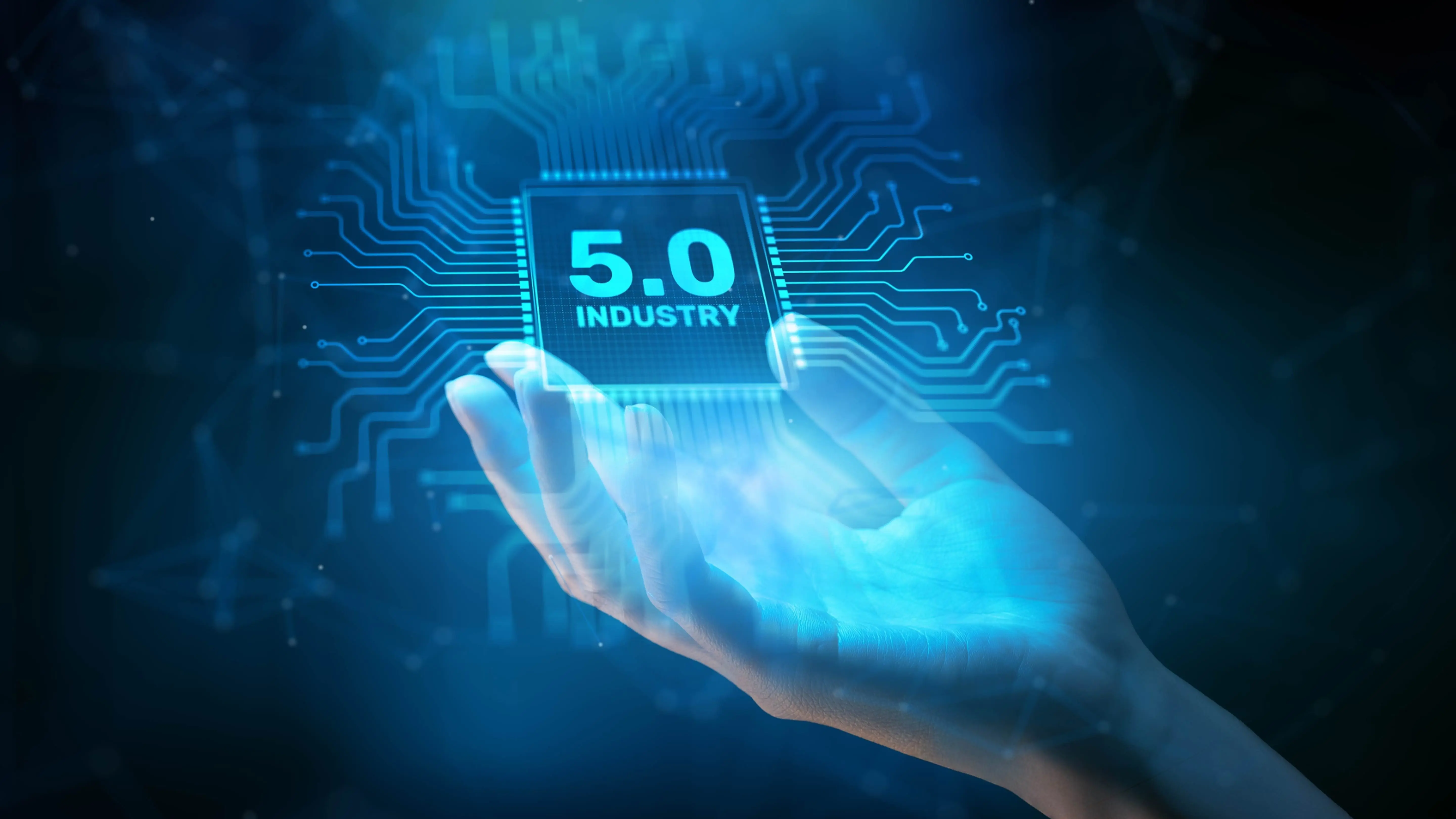 An illustration showing a hand holding an AI chip to represent a new marketing way in 5.0 marketing industries.