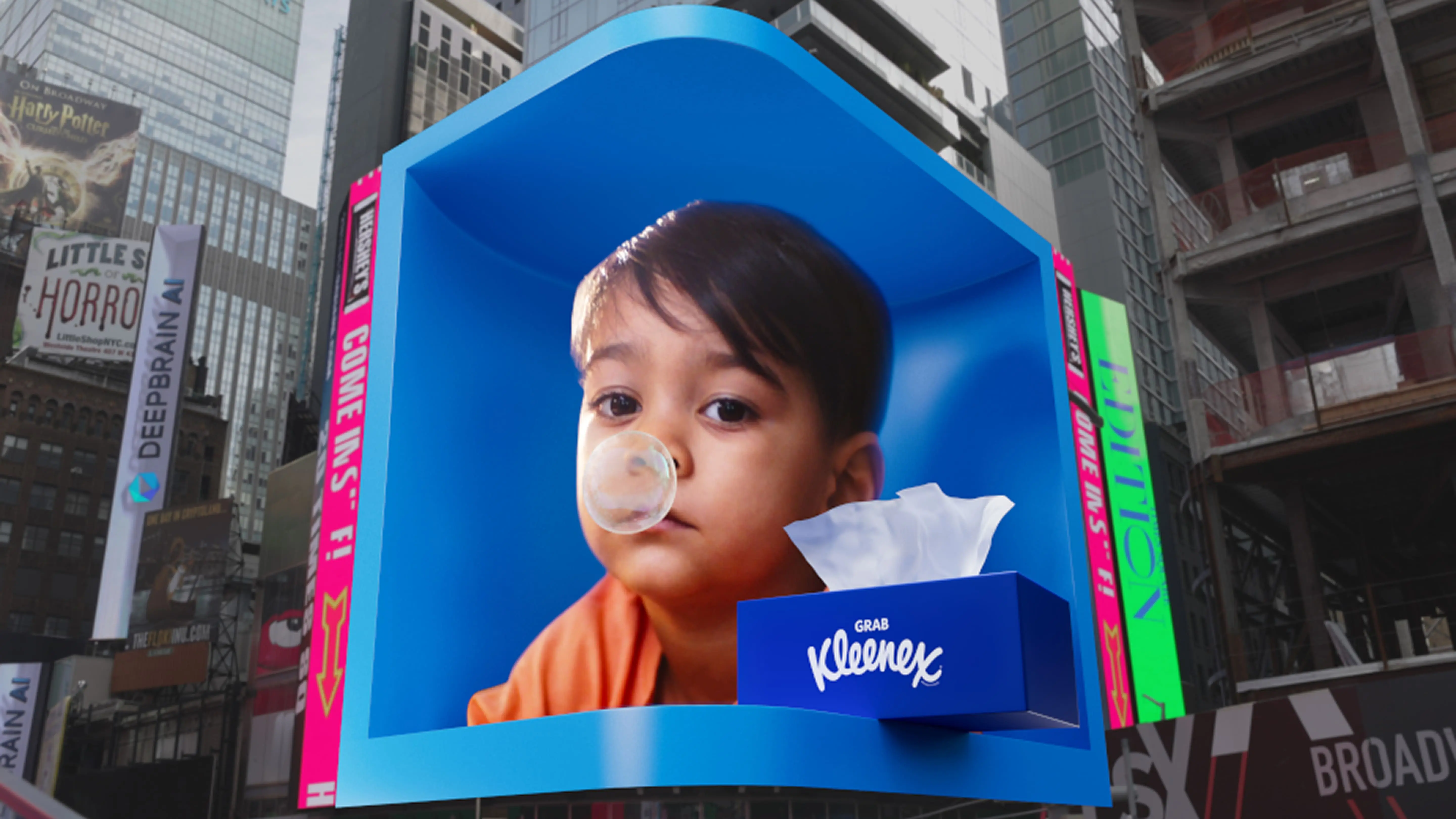 A billboard in town center from kleenex campaign that celebrates beautifully human messes.