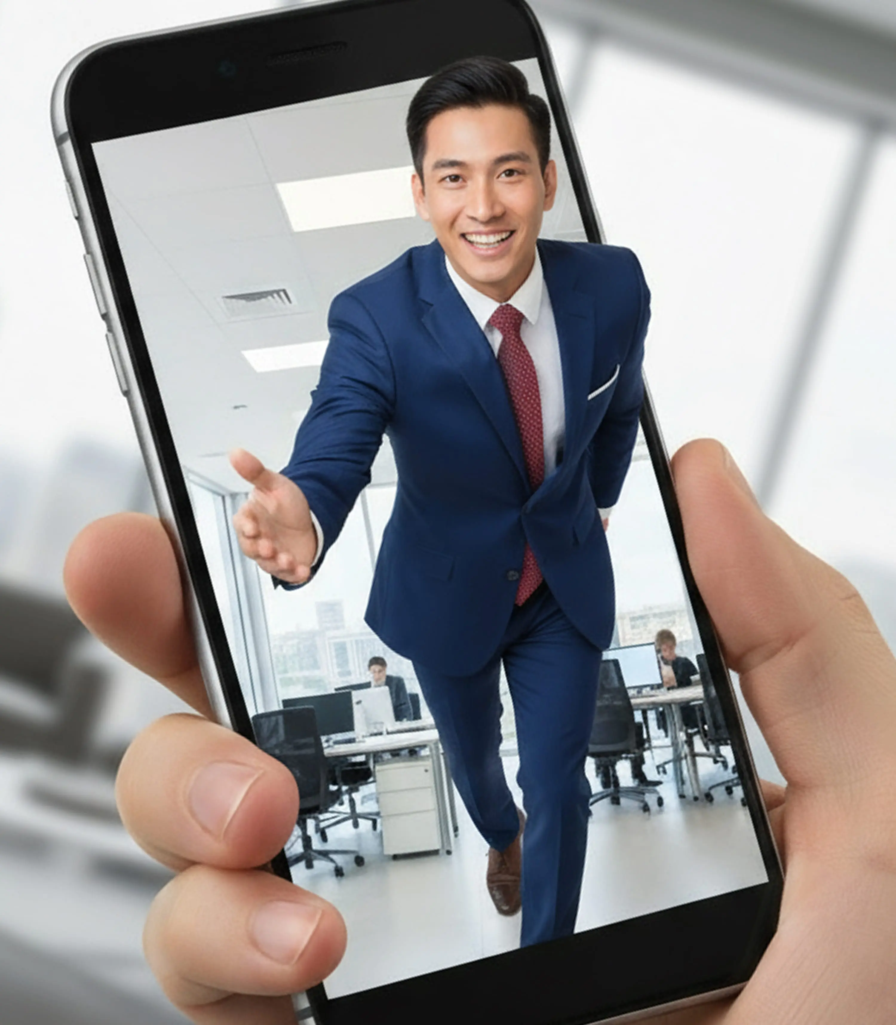 A hand holding a smartphone displaying a cheerful Asian businessman in a suit and tie, popped out from the phone.
