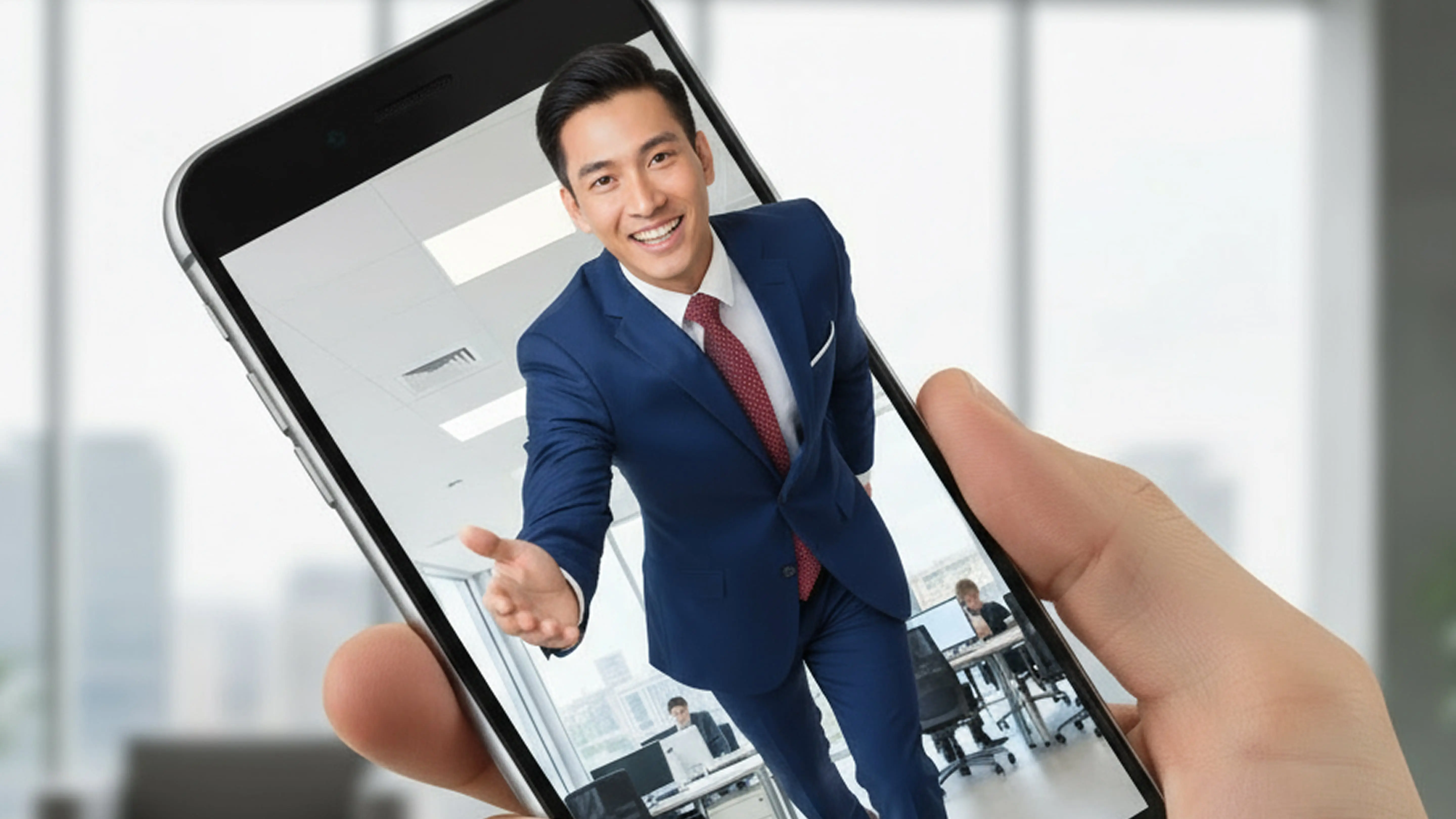 A hand holding a smartphone displaying a cheerful Asian businessman in a suit and tie, popped out from the phone.