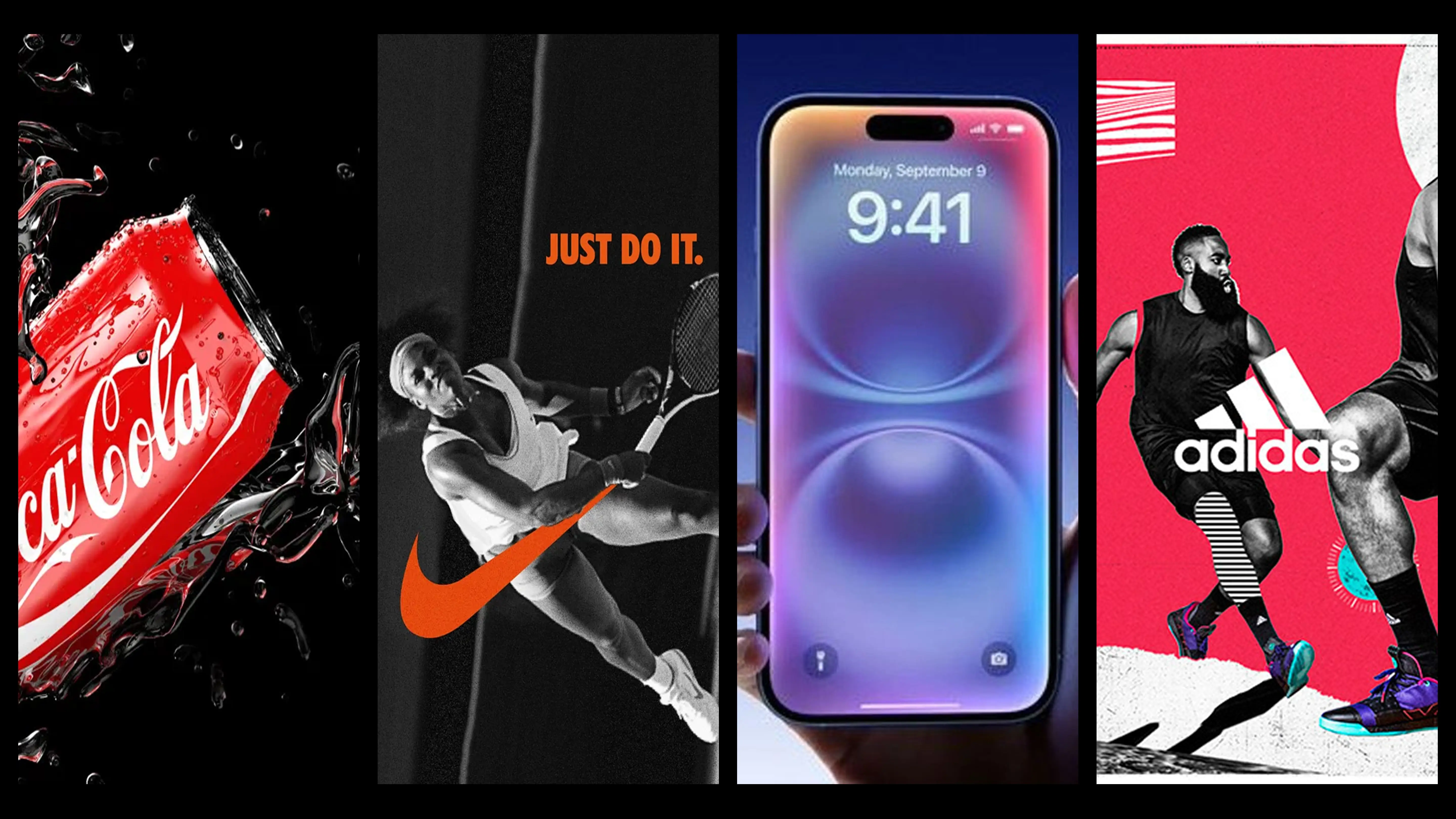 A four-panel vertical collage of well-known brand, that is coca cola, nike, apple, and adidas.